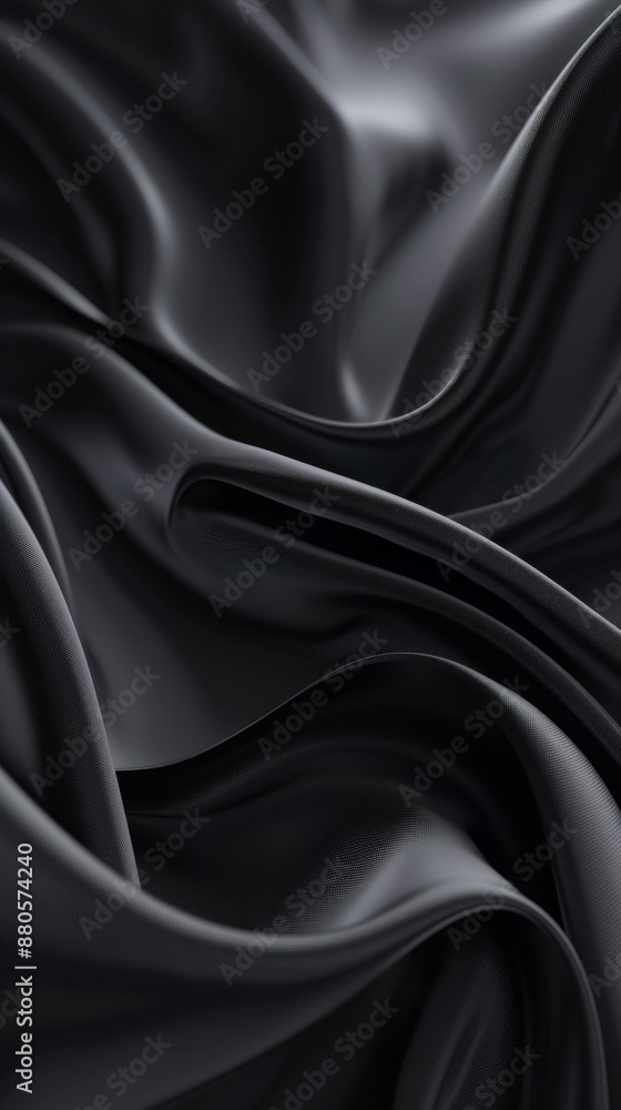Poster smooth black silk fabric flowing gracefully in abstract waves, creating a luxurious and elegant back