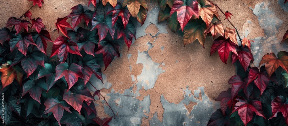 Aufkleber vibrant burgundy and green leaves of parthenocissus quinquefolia on a house wall ideal for autumn th
