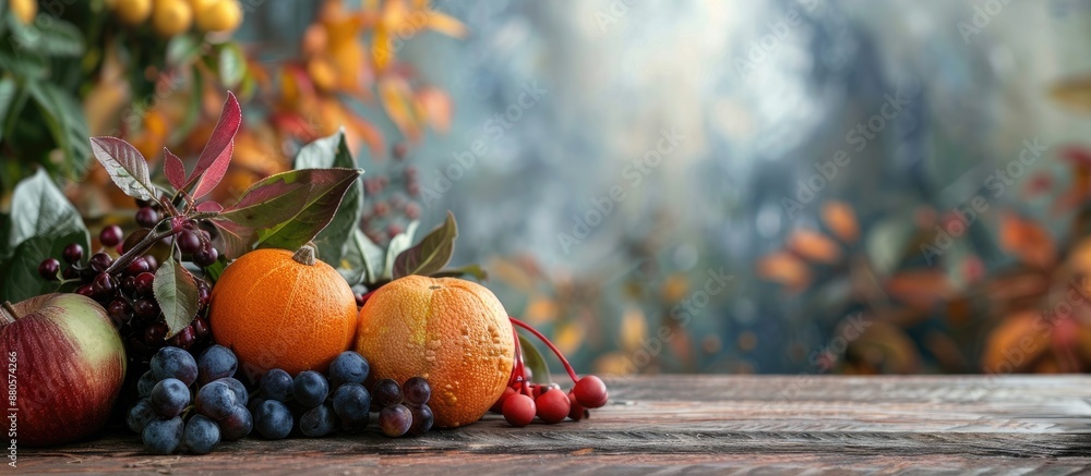 Canvas Prints An autumnal arrangement on a wooden table with copy space image