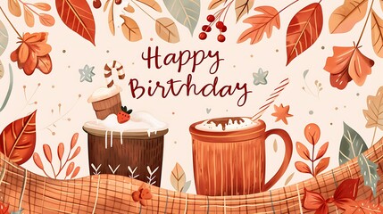 Cozy Birthday Wishes: Warm "Happy Birthday" Card with Hot Chocolate and Blankets