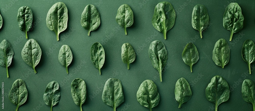 Poster flat lay image with a creative pop art design featuring spinach leaves arranged in tree shapes on a 