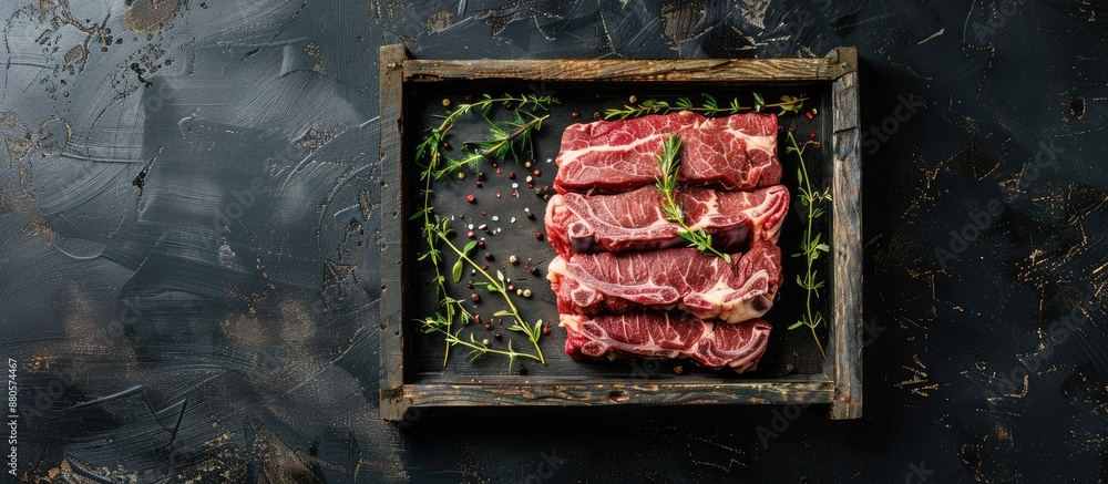 Poster wooden tray with thyme seasoned raw lamb shoulder on black background top view with copy space image