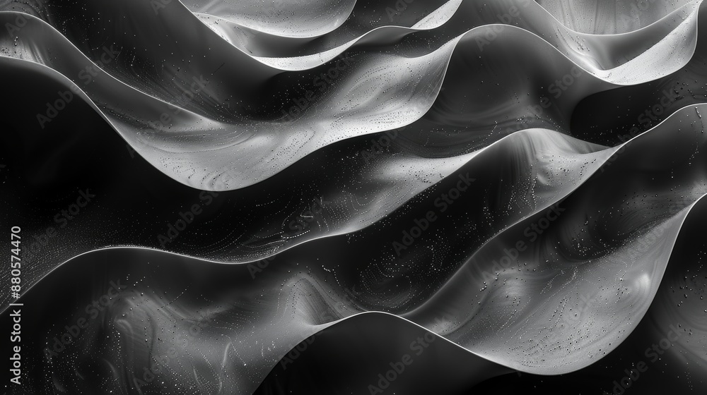 Poster creating a sleek black and white abstract background with a modern wavy surface and velvet texture, 