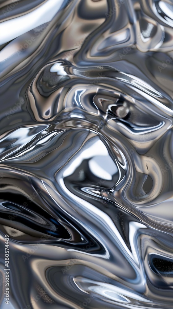 Poster wavy and reflective liquid silver surface creating abstract and modern shapes, perfect for backgroun