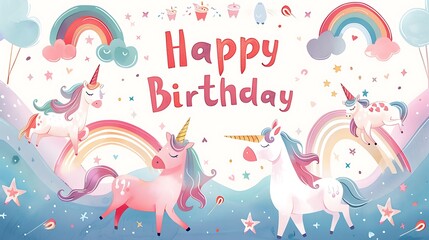 Enchanting Birthday Wishes: Fairy Tale Font with Unicorns and Rainbows Birthday Card