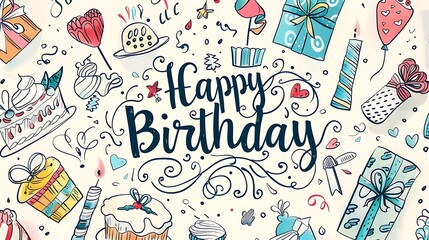 Celebratory Whimsy: Handwritten "Happy Birthday" Card with Cute Cake and Present Doodles for Festive Greetings