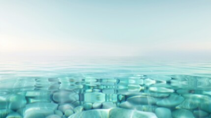 Tranquil scene of clear water with visible smooth stones beneath, blending into a serene horizon, creating a peaceful and calm atmosphere.