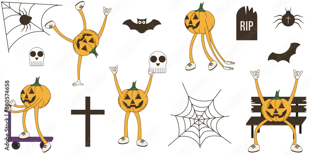 Wall mural Set of funky Groovy Halloween pumpkin character isolated white. Helloween jack o lantern Mascot collection. Simple flat vector illustration ideal for postcard design, holiday icon sticker