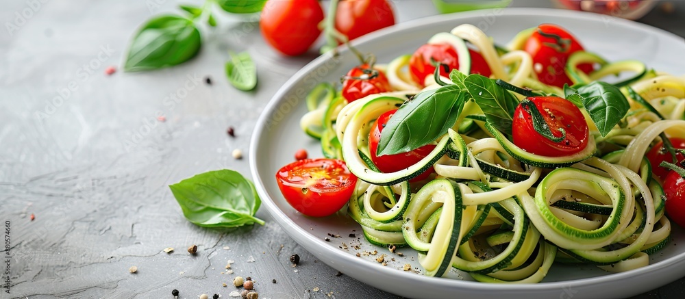 Poster closeup of tasty zucchini pasta with cherry tomatoes and basil on a light grey table with copy space