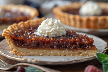 A serving of treacle tart, with a rich, sticky filling and a shortcrust pastry, garnished with a dollop of clotted cream.