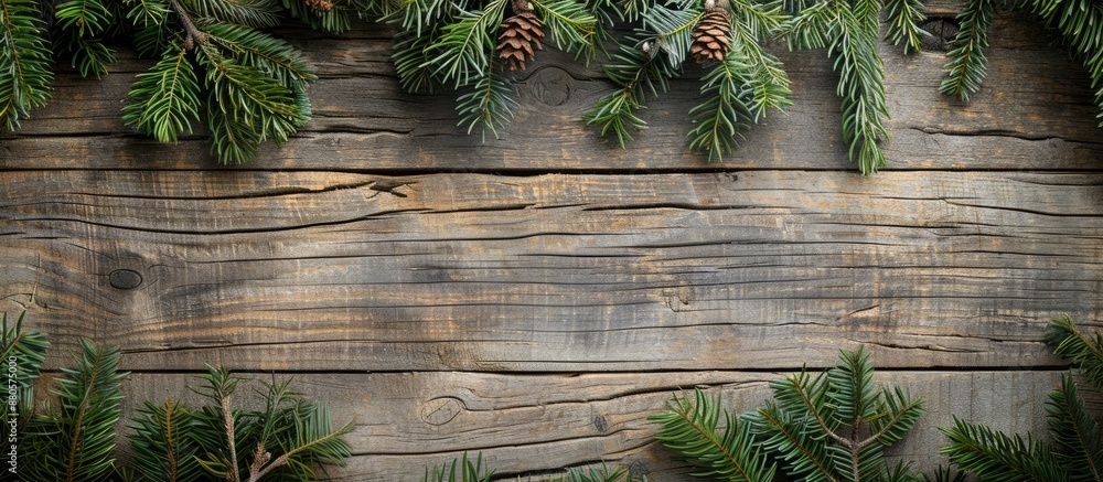 Poster a festive christmas backdrop featuring spruce branches against a rustic wooden surface with copy spa