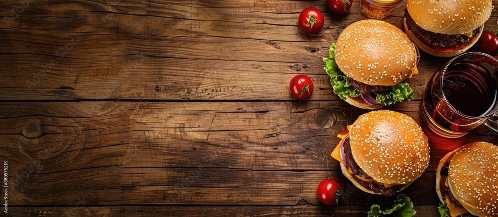 Poster top down view of tasty cheeseburgers and beverages on a wooden surface with blank area for text idea