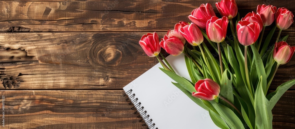 Poster Top view of a rustic wooden desk with a beautiful bouquet of tulips and a blank white notebook creating a delightful spring themed copy space image