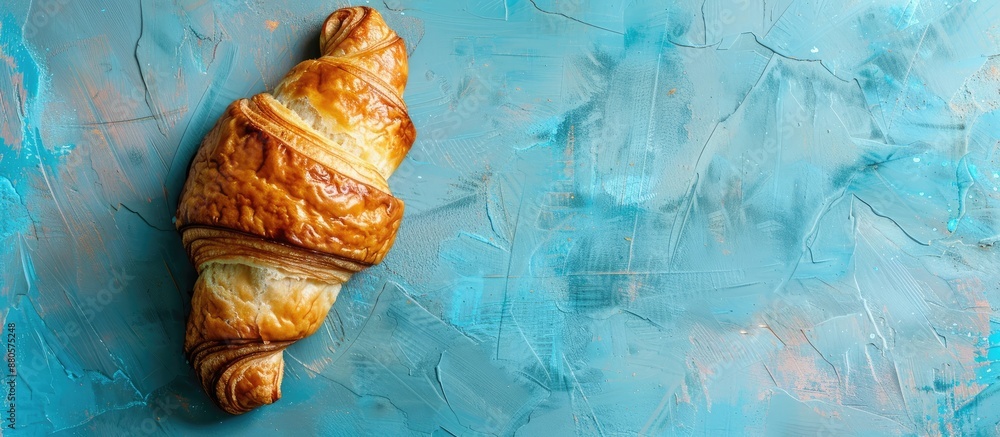 Poster rustic image of a croissant against a blue background with copy space for text a fresh bakery sweet 