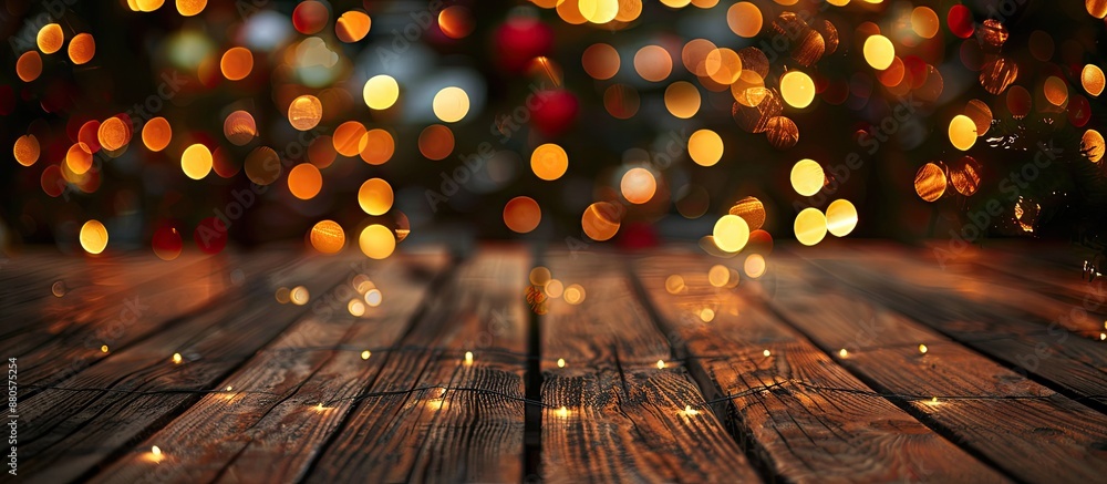 Poster wooden planks adorned with christmas lights create a festive ambiance with a blurred background and 