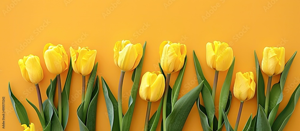 Poster copy space image featuring a bunch of yellow tulips set against a yellow backdrop
