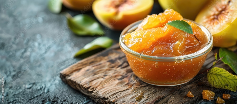 Poster close up of delicious quince paste on a wooden surface with ample copy space image