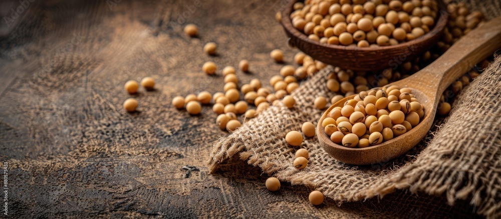 Poster soybeans with a wooden spoon in a close up shot providing a food related still life scene with a cop