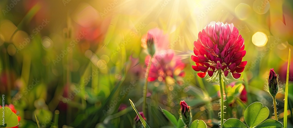 Poster a vibrant red clover flower growing in a field with ample copy space in the image