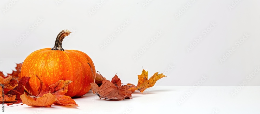 Poster a small orange pumpkin with oak leaves on a white background providing copy space image for text cre