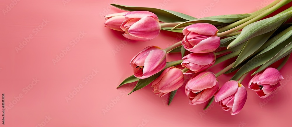 Poster a bouquet of pink tulips on a pink background ideal for a greeting card with empty space for text or