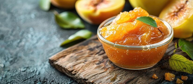 Close up of delicious quince paste on a wooden surface with ample copy space image