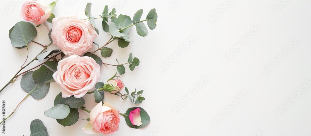 Aufkleber Copy space image of a floral wreath consisting of pink roses and eucalyptus leaves on a white background suitable for top view flat lay photography