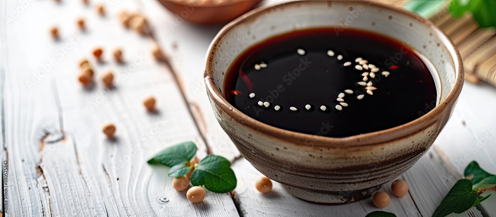 Poster close up of delicious soy sauce in a bowl with soybeans on a white wooden table providing copy space