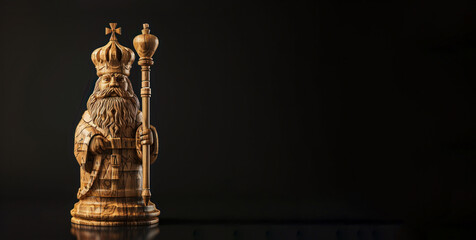 Exquisite Wooden King Chess Piece Poised Elegantly Against Dark Background - A Symbol of Strategy - Generative AI