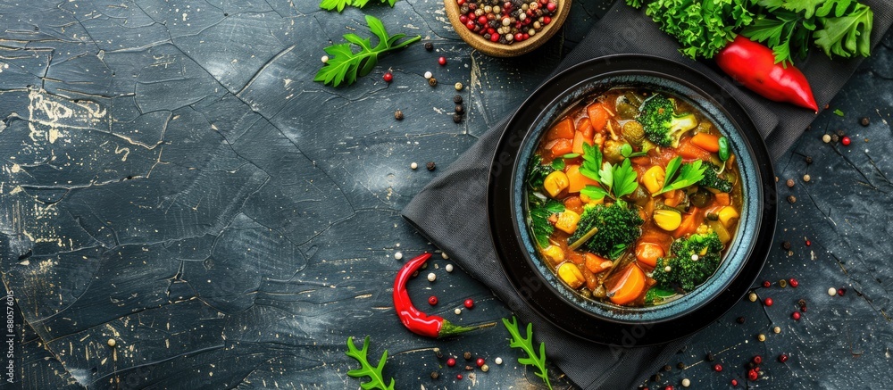 Poster A vegetarian first course option featuring broccoli and other vegetables in a vegan broth ideal for keto or paleo diets with a rustic background and space for text in the top view copy space image