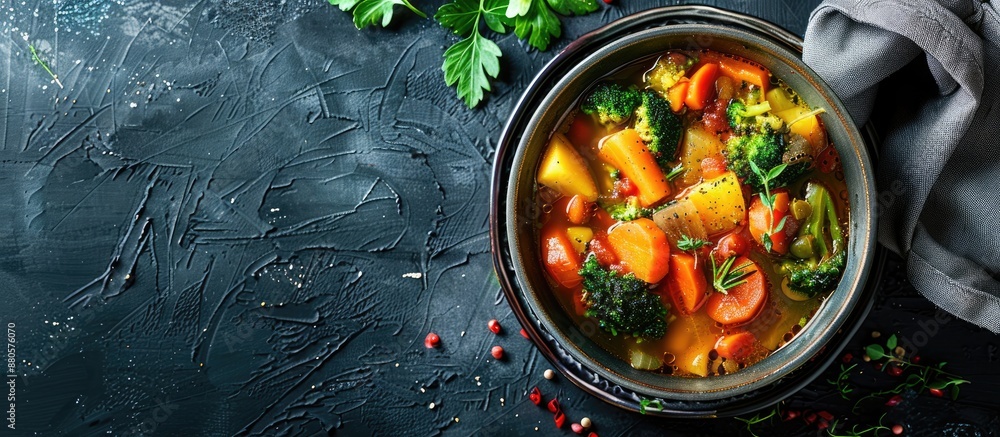 Leinwandbilder A vegetarian first course option featuring broccoli and other vegetables in a vegan broth ideal for keto or paleo diets with a rustic background and space for text in the top view copy space image