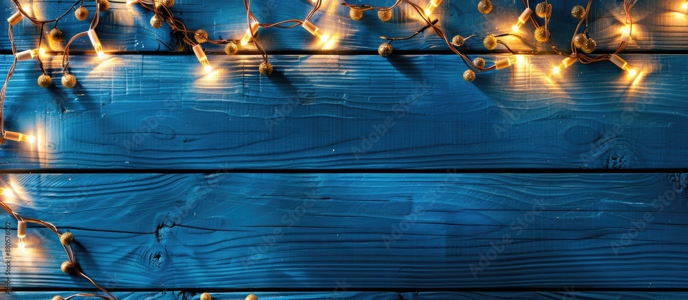 Aufkleber top view of christmas garland lights on a blue wooden background with room for text in a copy space 
