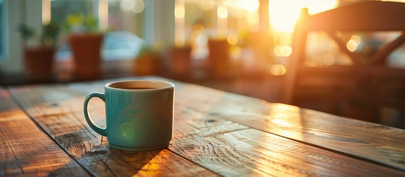 An office at sunrise with a wooden table holding a coffee cup has a cozy and inviting ambiance perfect for a copy space image