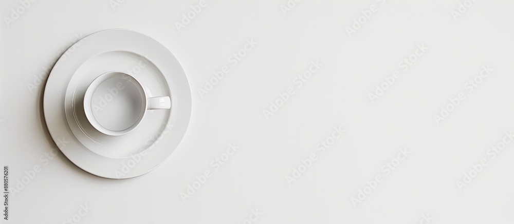 Poster Top down view of a white plate and cup on a white background with no people present providing a blank area for text in the image. copy space available