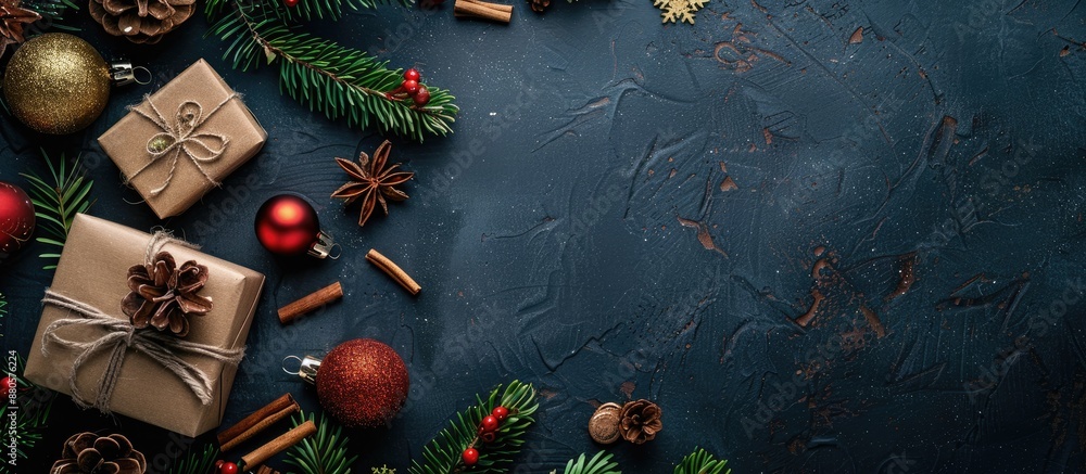 Aufkleber top down view of christmas decorations presents and fir branches on a dark table for a copy space im