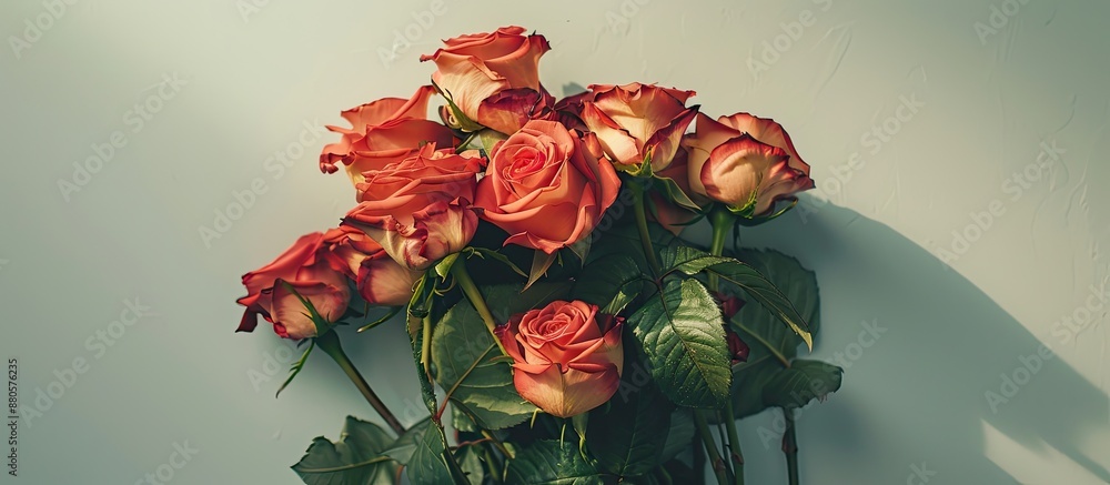 Aufkleber Flat lay scene captured from above featuring a rose bouquet with leaves on a light table providing ample copy space in the image