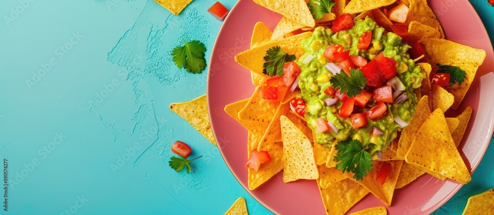 Aufkleber Plate with delicious nachos and guacamole on a colorful background with empty space for text or other elements in the image. copy space available