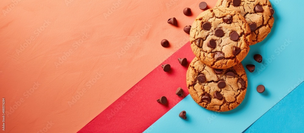 Poster Delicious cookies with chocolate chips on a colorful backdrop with copy space image