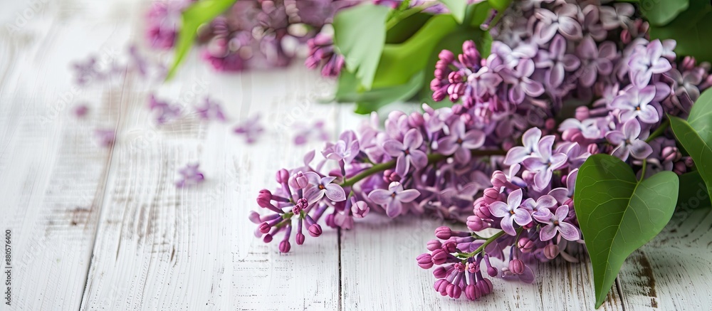 Poster Close up of a lilac branch displayed on a white wooden table with a spacious area for copyspace image