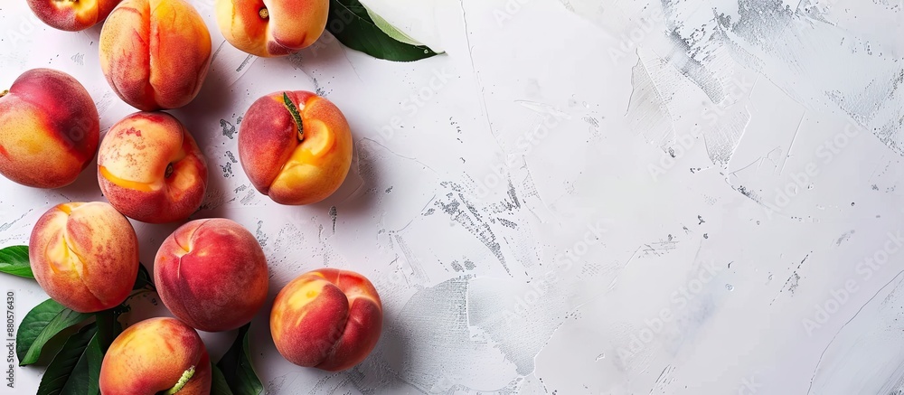 Aufkleber fresh peaches displayed on a white table with copy space image