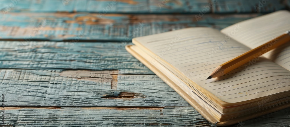 Fototapete a blank notebook with lined pages and a pencil on top ideal as a copy space image