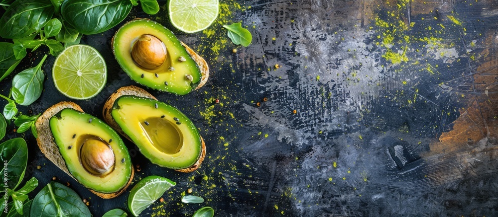 Poster healthy breakfast option for weight management avocado toast with lime olive oil and greens on dark 