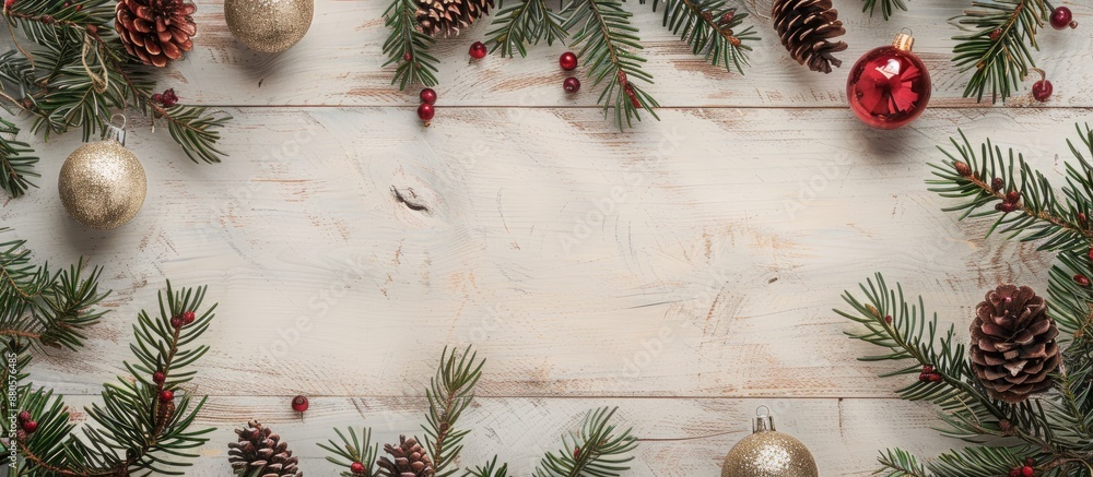 Leinwandbilder a festive christmas arrangement featuring fir branches ornaments on a pale wooden backdrop creating 