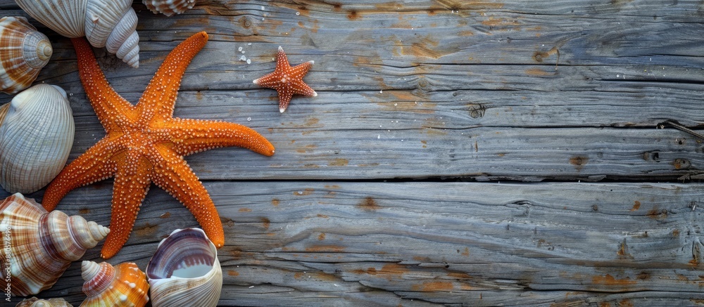 Aufkleber sea shells and an orange sea star lying on a wooden surface with available copy space for an image
