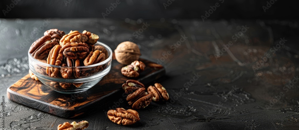 Poster Pecans in a glass bowl on a rustic wooden board set against walnuts in shells on a vintage black table illuminated by dramatic lighting for artistic contrast with available copy space image