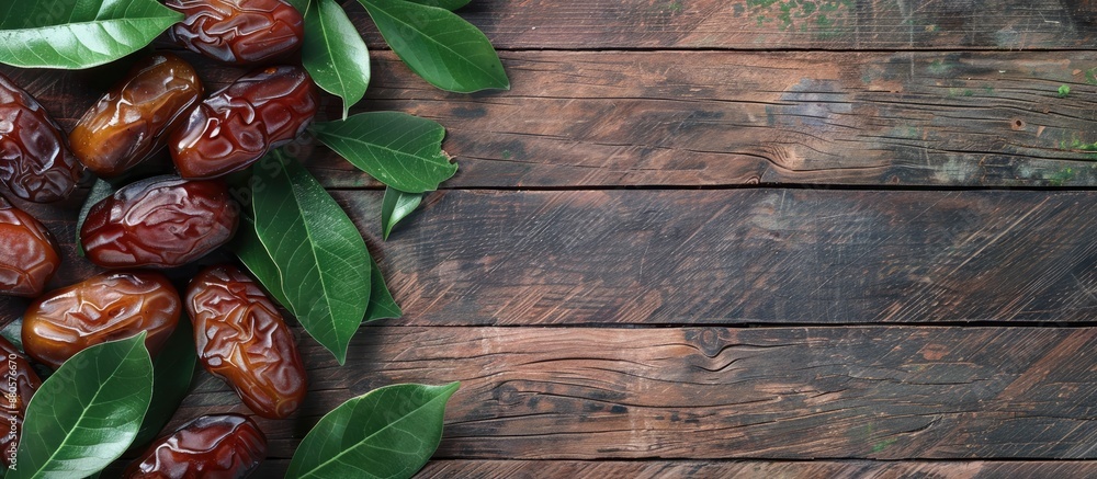 Poster Flat lay of sweet dried dates on a wooden table with green leaves ready for text placement in the copy space image