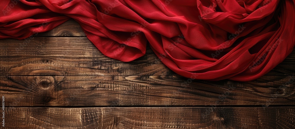 Poster A red tablecloth neatly draped over a rustic wooden table with a visible copy space image