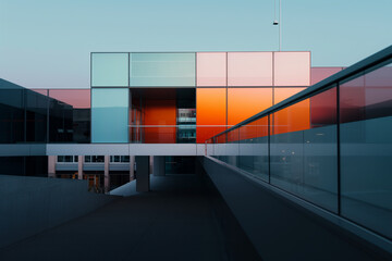 Modern building with colorful glass panels at dusk. Generative AI image