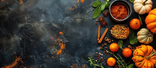 Top view of a kitchen table decorated for the pumpkin cooking season with various pumpkins herbs and spices creating a border around a copy space image