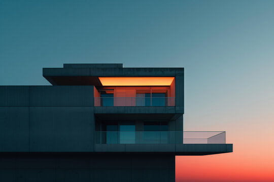 Modern architecture building illuminated by sunset light. Generative AI image